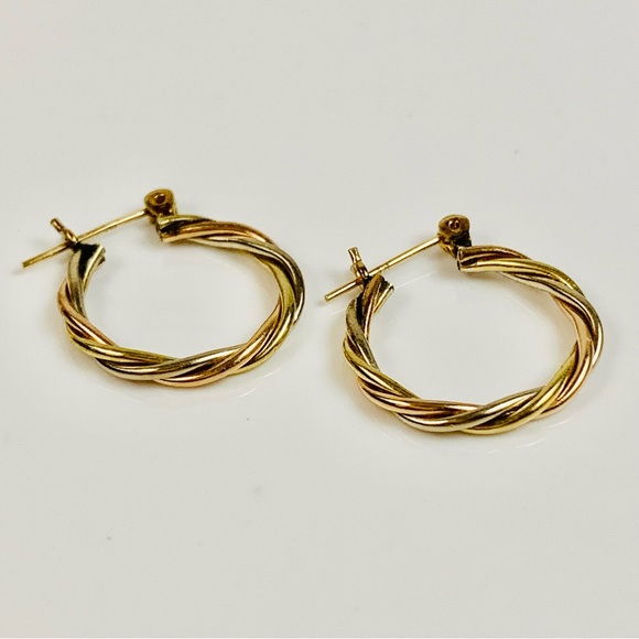 14K Tri-Color Small Twisted Hoop Earrings - Picture 2 of 12